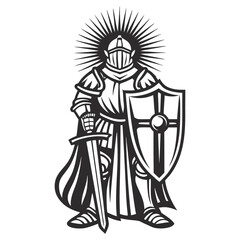 Fototapeta premium Medieval warrior wearing plate armor, helmet, and cape, holding crusader shield and long sword, illuminated by bright light, depicted in vintage monochrome style.