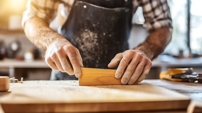 Carpenter Sanding Wood in Workshop