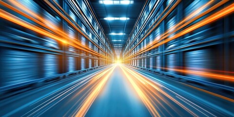 Fototapeta premium Modern warehouse interior with stocked shelves and floor light trails.