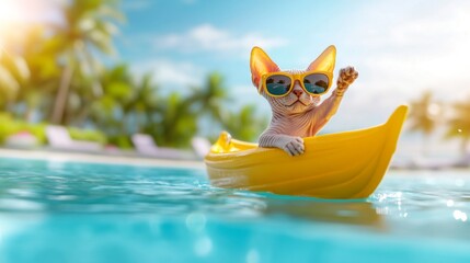 Hairless cat in sunglasses riding in a yellow toy boat on the water. Summer funny pet relaxing on vacation. Happy animal enjoying outdoor activity near tropical pool.