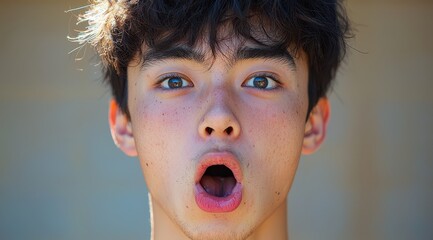 Young person with shocked expression and open mouth reacts to unbelievable news.