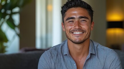 Obraz premium Close-up portrait of a smiling young man with dark hair and eyes, wearing a blue textured shirt, indoors, looking directly at the camera