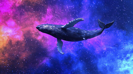 Fototapeta premium surreal image of humpback whale swimming through vibrant cosmic space filled with colorful nebulae and stars