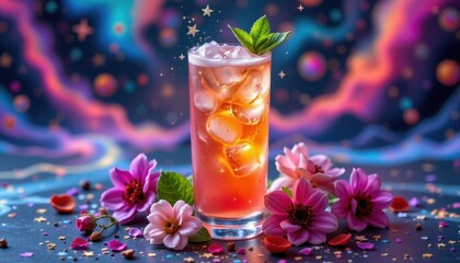 celestial atmosphere a glass of twilight spritzer surrounded by starry designs and mystical flowers, creating a dreamlike, cosmic vibe.