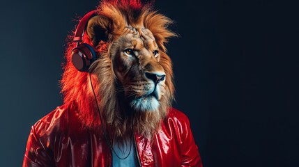 lion DJ in headphones and red patent leather jacket --ar 16:9 Job ID: cd20d2c2-12f2-44da-98d5-1f9526f967c6