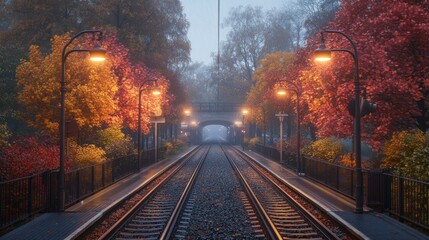 Fototapeta premium Autumn Foggy Train Station Perspective