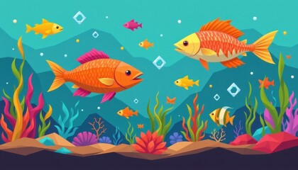 low poly style a low poly design featuring stylized fish and underwater elements, with geometric shapes and a limited color palette.