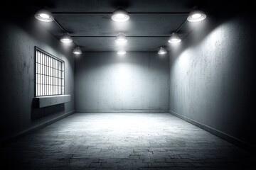 Empty Gallery Space with Multiple Spotlights Illuminating Walls and Floor.