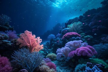 Underwater scene with colorful coral reefs teeming with life, with sunlight filtering through the water. It showcases a vibrant ecosystem of aquatic plants and marine life