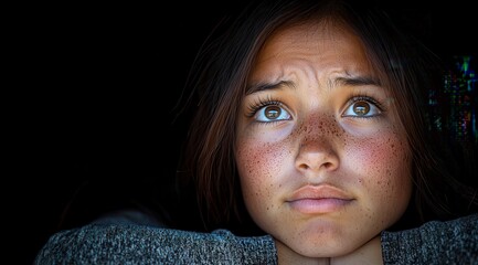 Young Woman's Face Etched with Worry and Anxiety, Brow Furrowed, Troubled Gaze, Expressing Deep Concern and Emotion