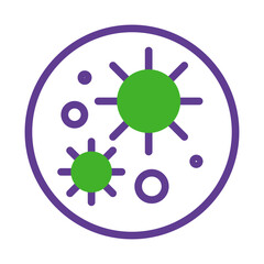 Stylized depiction of microorganisms inside a circular violet border emblem