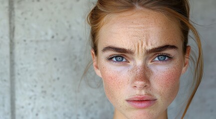 Young woman displays worried expression, furrowed brow, freckled skin, intense gaze, blue eyes, and fair complexion against concre
