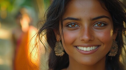Fototapeta premium Smiling woman with radiant eyes and ornate earrings radiates happiness, with warm skin and a genuine expression of joy