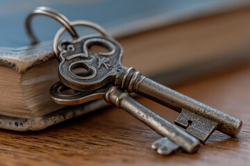 Two antique skeleton keys rest on an old book, hinting at secrets and forgotten stories.  A close-up captures the intricate details and aged patina.