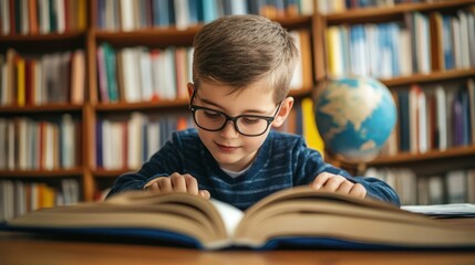 A boy with glasses reading a large book in a library setting.