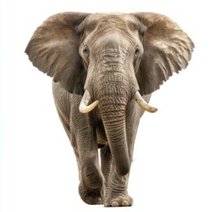 Obraz premium Majestic Elephant's Stroll: A close-up perspective captures the powerful presence of an African elephant as it strides forward. Witness the detailed textures of the skin, the impressive tusks.