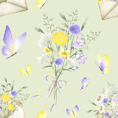 Seamless floral pattern with butterflies, bouquet tied ribbon bow and envelope with watercolor yellow lilac wildflowers bellflower, dandelion, meadow grasses. Hand drawn illustration on light green