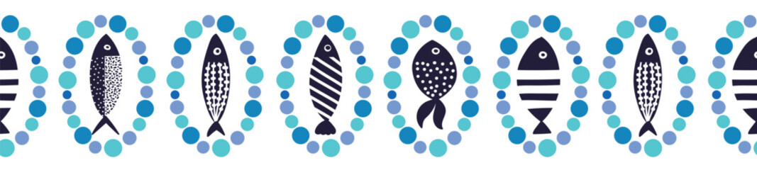 Vector seamless horizontal border with fish in bubble frames. Kids background.  Can be used in textile industry, paper, background, scrapbooking.
