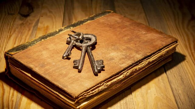 Old vintage book with lock keys closeup 4k video