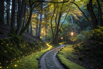 Magical pathway illuminated at night in a mossy forest. Winding stone path lined with warm lights. Enchanting forest scene.