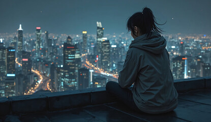  Sad Girl Sitting Alone on Rooftop Under City Lights