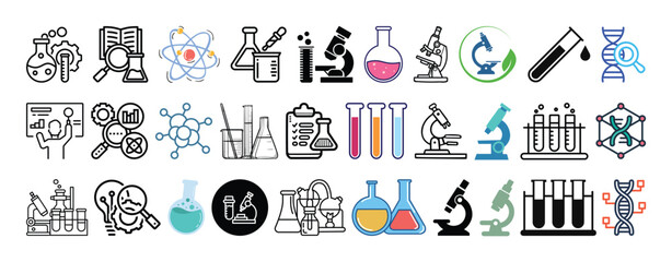 Set of Scientific Research, Laboratory, Microscope, Test Tubes and DNA Sequencing icon set collection vector design