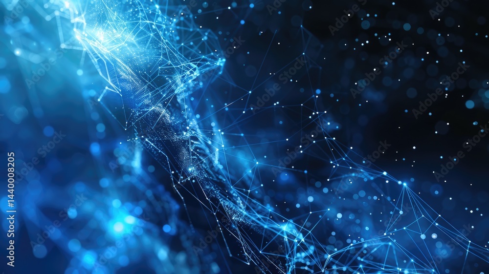 Poster wonderful picture of micro light sparkling particles scattered across blue flowing wave, create abst