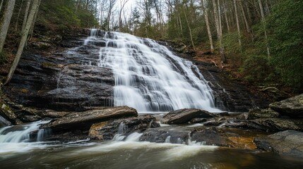 Beautiful long exposure shot of a serene waterfall in a lush forest.