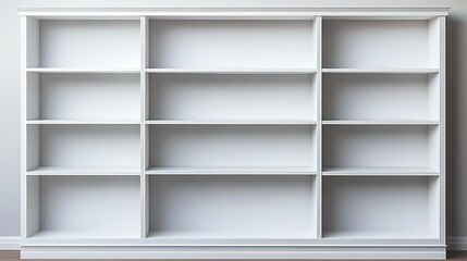 A white double-column bookshelf leaning against a wall with ten empty shelves.