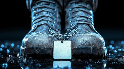Worn military boots and a helmet create a poignant still life, evoking themes of service and sacrifice.