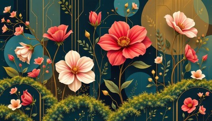art deco influence stylized flowers and moss rendered with geometric patterns and rich colors, capturing the elegance of the art deco period.