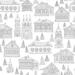 Fairy tale wooden houses, churches, fir trees on a white background. Coloring book page