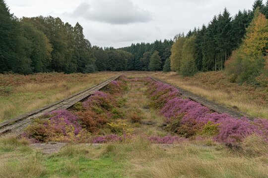Abandoned railway tracks overgrown with vibrant purple heather