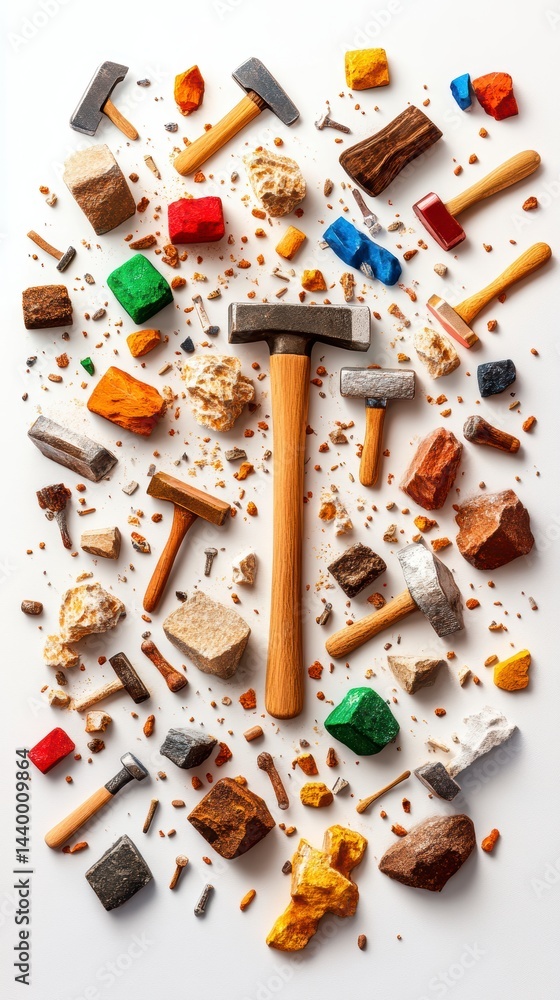 Poster artistic destruction colorful stones and hammers studio setting creative composition aerial view abs