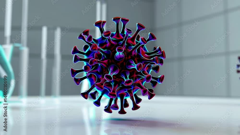 Poster coronavirus model rotating in a laboratory environment, with beakers and test tubes visible in the b