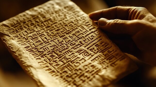  A hand holding an ancient stone tablet with cuneiform inscriptions.