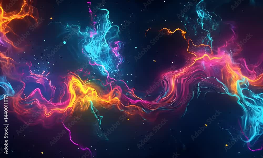 Poster a background with glowing neon lines and waves, creating an abstract digital design. the colors incl