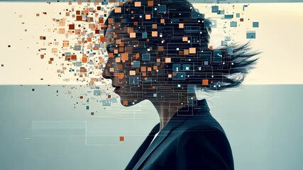 Businesswoman's profile is dissolving into digital pixels, symbolizing the integration of humans and technology in the modern business world