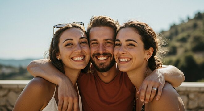 People kissing on the cheek in a gesture of affection and friendship, genuine smiles, bright and sunny setting, expression of happiness and warmth — vibrant and positive style.