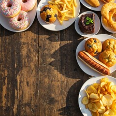 top view of UPF, ultra-processed food, with over fat, salt and sugar, and an area for copy space