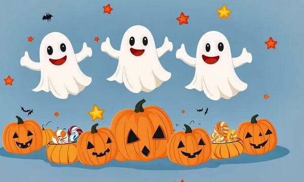 Halloween seamless pattern with pumpkins, ghosts, stars, and bats on a blue background. Perfect for wrapping paper, scrapbooking, or party decorations.halloween background