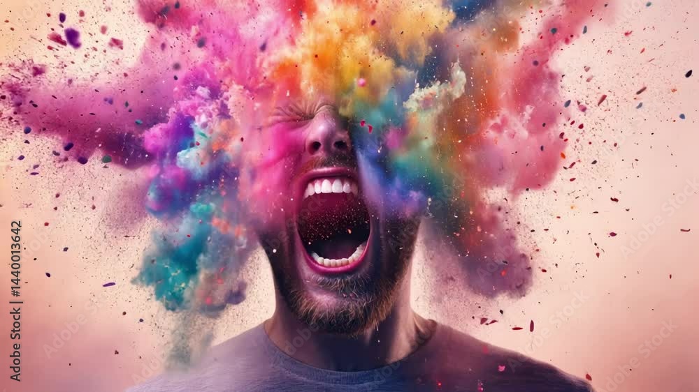Poster colorful powder exploding from a man's head while he screams, expressing intense emotion, frustratio