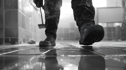 Person Walking with a Shovel in an Industrial Setting