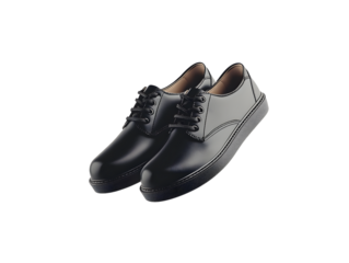 we see a pair of black school shoes floating in the air, white background, cinermatic lighting
