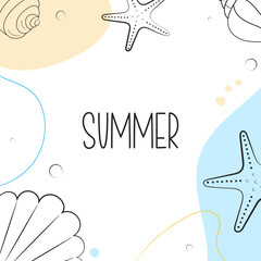 Marine life background in doodle style. Summer template for banner, card, note, invitation, sale and promotion.