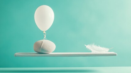 Minimalistic concept of balance with white feather, balloon, and stone on wooden plank against light blue background, symbolizing tranquility. Deadline approaching