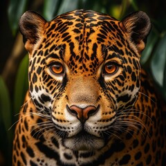Obraz premium A breathtaking closeup of a Jaguar its golden fur covered in stunning black rosettes The intense gaze of its amber eyes exudes power and grace while a softly 