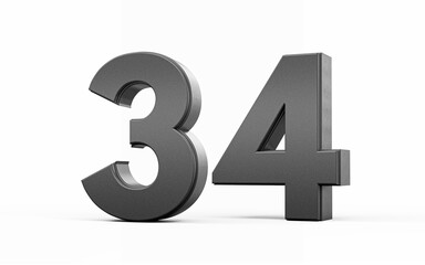 Sleek, metallic Black number 34 Thirty four standing on a white background, 3d illustration
