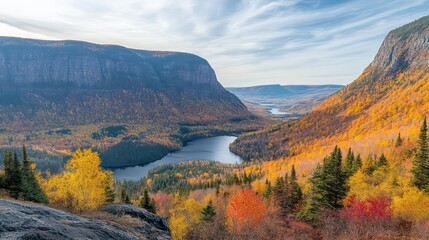 Autumnal valley framed by towering cliffs