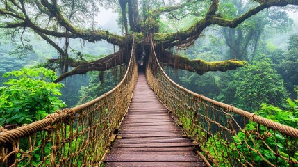 Obraz premium Lush jungle suspension bridge. Imposing, ancient trees and thick, verdant foliage surround a wooden walkway suspended high above the forest floor